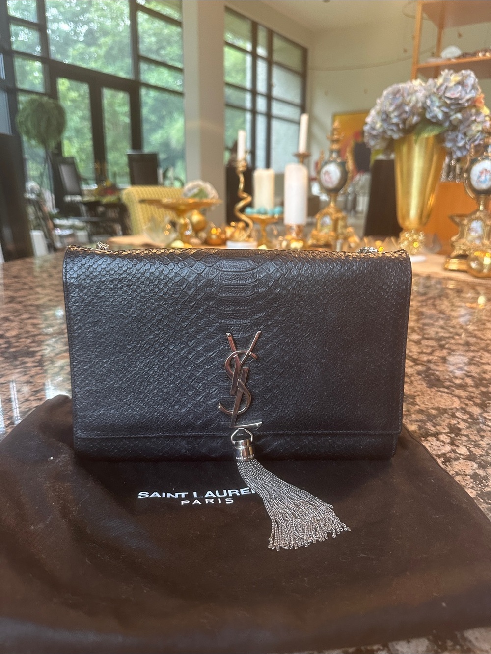 Saint Laurent Black Textured Leather Tassel Chain Clutch